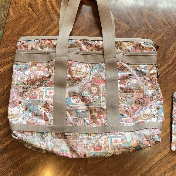 Lesportsac Home Travel Tote Pouch Taupe Pink Gray Hobby Tea Art Piano - Picture 9 of 14